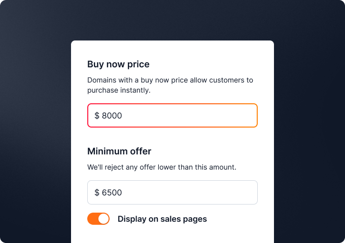 Sell domain pricing - Buy now price and Minimum offer